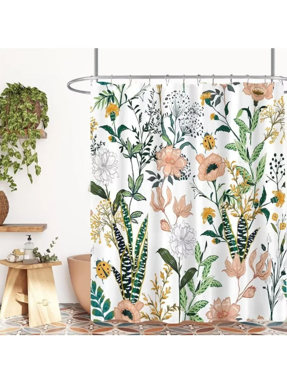 Boho Floral Vintage Shower Curtain - Tropical Leaves & Flowers, 72x72, Cute Bath